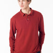 Load image into Gallery viewer, Men’s perfect polo eco style! Long sleeve shirt in burgundy, organic cotton hemp blend, great for golf and everyday wear. Soft and breathable, slow menswear ethically made in Canada.