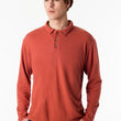 Load image into Gallery viewer, Men’s perfect polo eco style! Long sleeve shirt in orange, organic cotton hemp blend, great for golf and everyday wear. Soft and breathable, slow menswear ethically made in Canada.