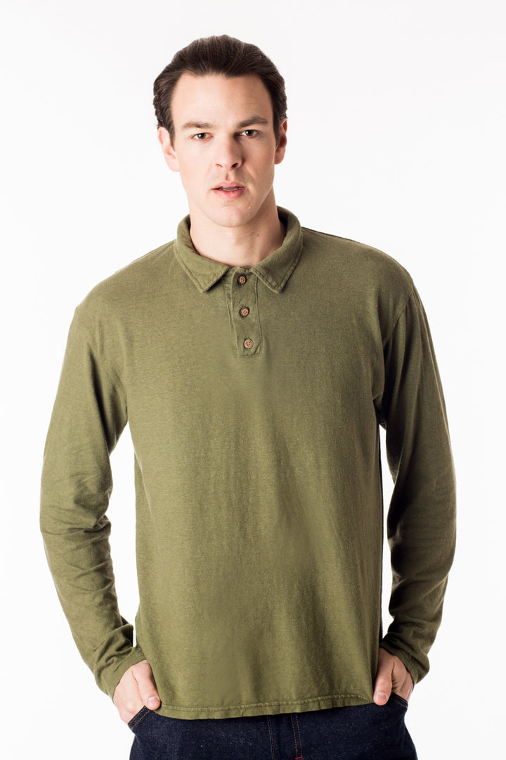 Men’s perfect polo eco style! Long sleeve shirt in green, black, gold and natural. Organic cotton hemp blend, great for golf and everyday wear. Soft and breathable, slow menswear ethically made in Canada. 