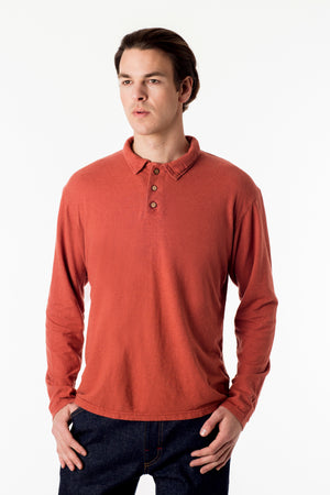 Men’s perfect polo eco style! Long sleeve shirt in orange, organic cotton hemp blend, great for golf and everyday wear. Soft and breathable, slow menswear ethically made in Canada. 