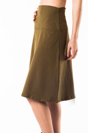 So comfy and cool you’ll never want to take it off! A-lined wide waistband skirt in green worn high, mid or low. Eco natural organic cotton hemp fabric. Slow fashion made with love in Vancouver BC.