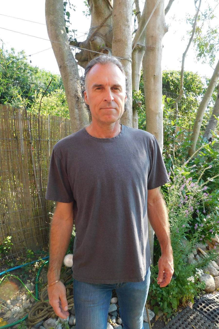 Male model wears a Charcoal short sleeve crew neck T-shirt 