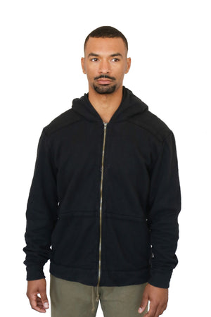 Stay cosy with this men’s eco fleece organic cotton hemp hoody in black. It sports side pockets and a concealed breast pocket for secret stashes.  Slow fashion ethically made on the west coast in Canada. 